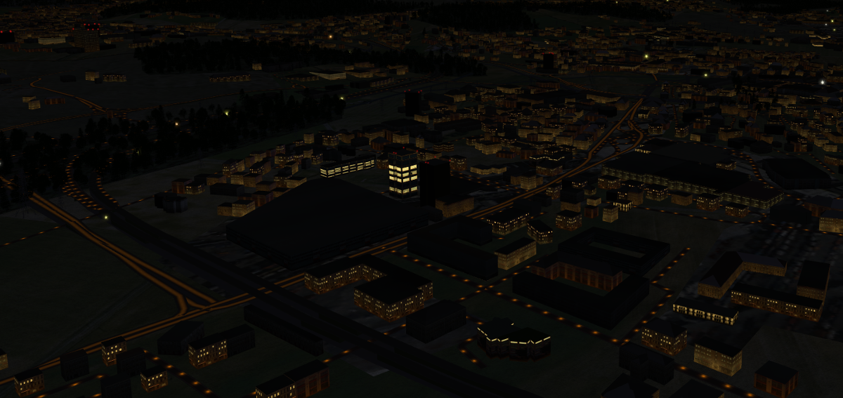 osm2city generated buildings and roads with light effects at night