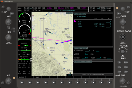 FG1000 MFD mit dem Cessna 182T Engine Information System (EIS) und Active Flightplan