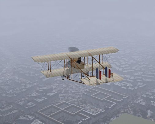 Caudron Type "C" flying over Paris in a morning late fall fog.