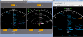 Screenshot showing a FlightGear PUI GUI dialog with two independent NavDisplay instances exposed via httpd, and served to a firefox instance for remote rendering.