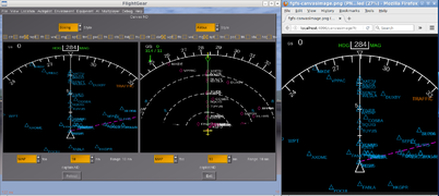 Screenshot showing a FlightGear PUI GUI dialog with two independent NavDisplay instances streamed to FireFox
