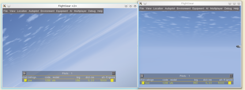 Screenshot der den "peer-to-peer" Aufbau zwischen zwei FlightGear Nutzern zeigt, die auf der gleichen Maschine mittels Localhost (127.0.0.1) ohne MultiplayerServer fliegen.