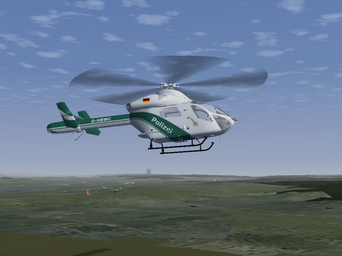 Screen shot showing the MD 902 in Polizei livery near EDMA.