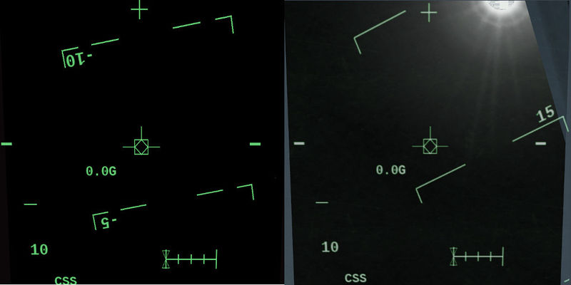 Comparison between a bare canvas HUD (left) and the ALS HUD shader run over it (right)