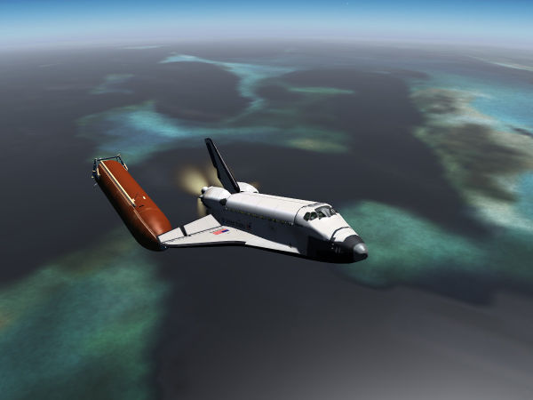 The Space Shuttle during an RTLS abort — after ET separation