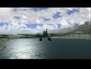Junkers Ju 52 flying over a lake in the French custom scenery.