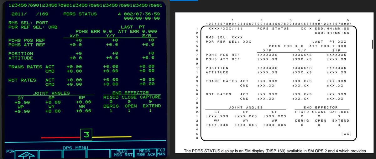 PDRS STATUS display (DISP 169) of the Space Shuttle