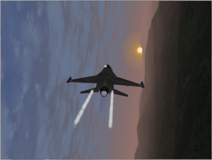 F-16CJ pulling a high-G maneuver while escaping an attack from behind.