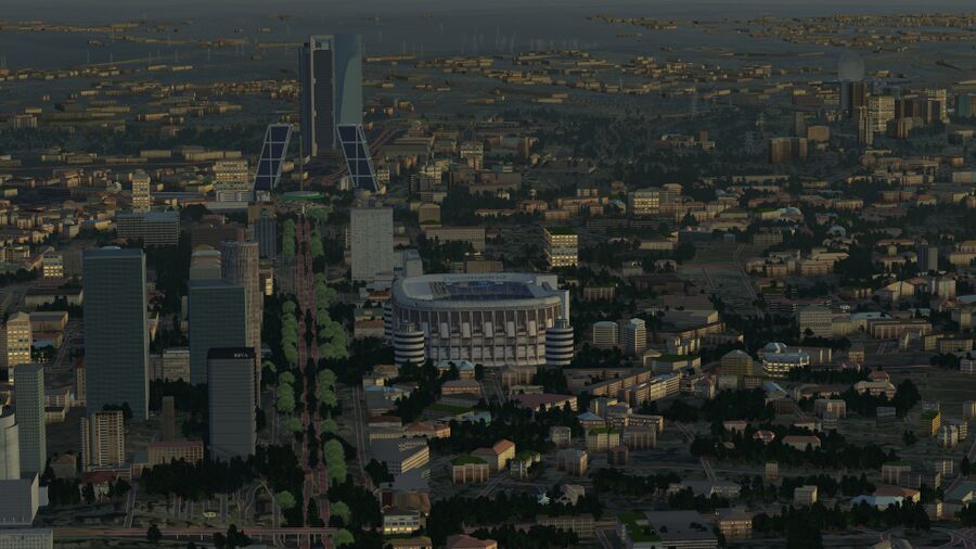 A hazy dawn over Madrid in FlightGear 2020.3 LTS with the 1st world-build of OSM2City