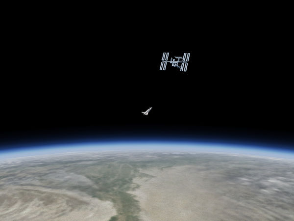 Das Space Shuttle bei der Annäherung an die ISS