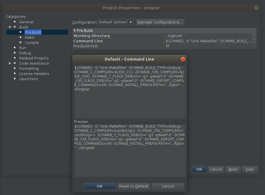 NetBeans config - simgear prebuild (CMAKE) options