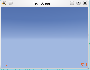 Screen shot showing FlightGear 3.2 using the minimal startup profile with frame spacing and frame counter displayed.