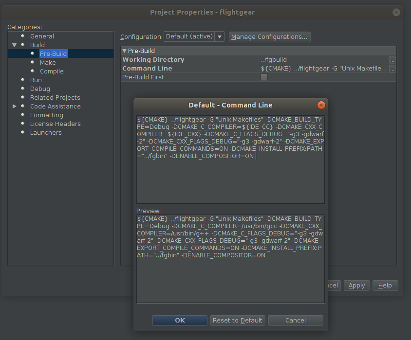 NetBeans config - flightgear prebuild (CMAKE) options