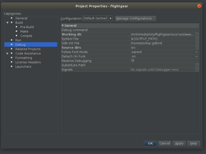 NetBeans config - flightgear debug options