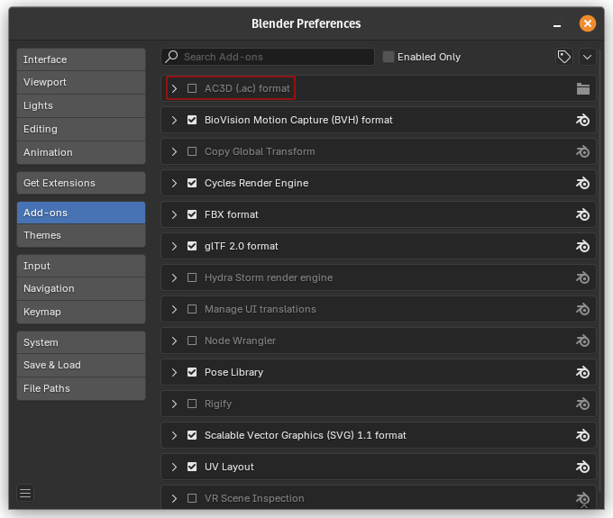 Selecting Blender-AC3D from the add-ons menu