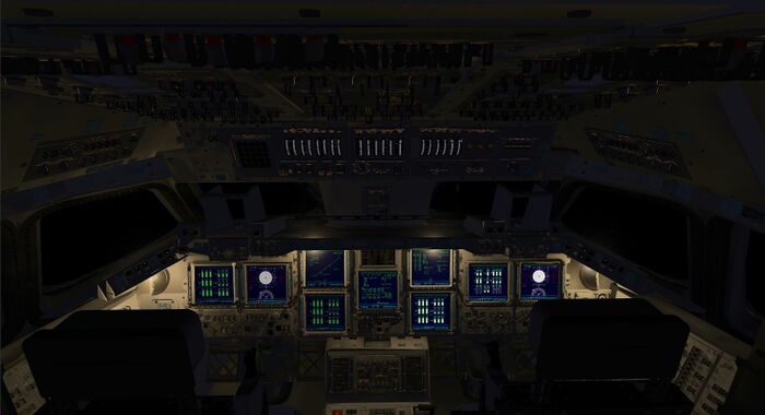 FlightGear Space Shuttle cockpit with internal lighting