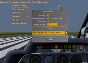 Cuadro de diálogo de FGCom disponible en FlightGear en versiones posteriores a la 2.12