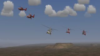 Five helicopter formation of Grand Canyon Helicopters in flight over Arizona