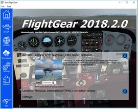 The aircraft page of the Qt launcher for FlightGear 2018.2 as rendered on Windows 10