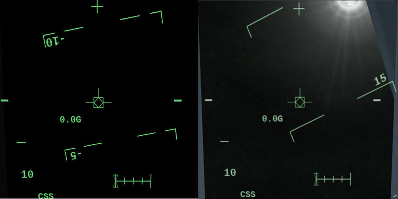 Vergleich zwischen dem einfachen Canvas HUD (links) und dem ALS-HUD-Shader Verbesserungen (rechts)