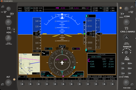 FG1000 PFD showing inset map, current wind data, HSI with GPS bearing, active flightplan list
