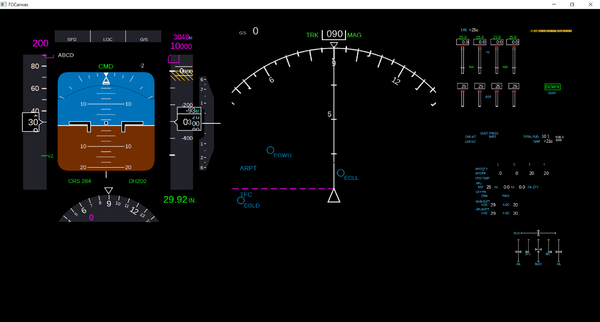 FGQCanvas-Fenster zeigt die PFD und ND der Boeing 747-400.