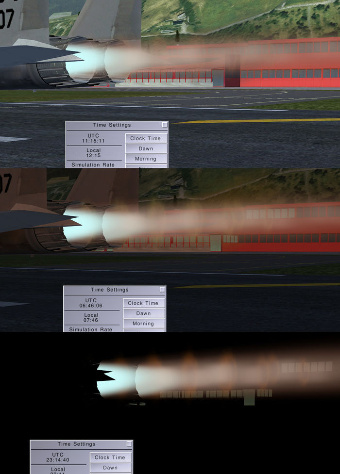 This shows the F-15 afterburner at different ambient light.