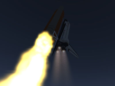 Space Shuttle main engine flames during early ascent