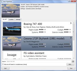 The aircraft page of the Qt launcher for FlightGear 3.5 as rendered on Windows 7