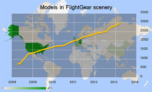Number of unique models in the scenery database. Background map shows the number of unique models placed in each country.