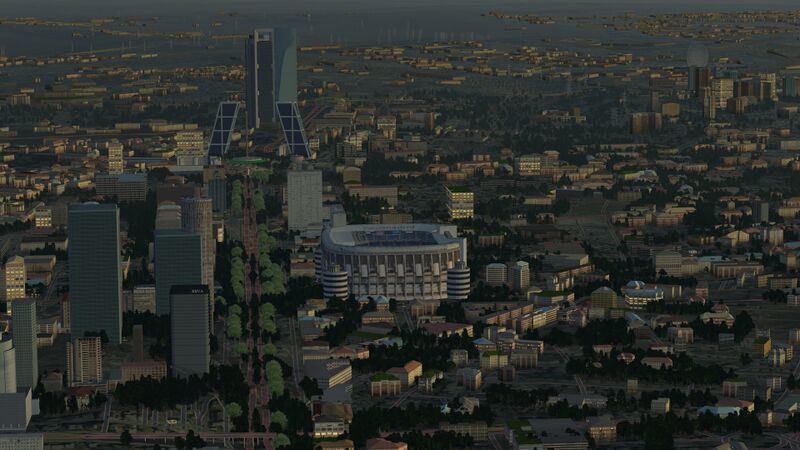 File:Madrid at dawn in FlightGear 2020.x with the 1st world-build of OSM2City 01.jpg