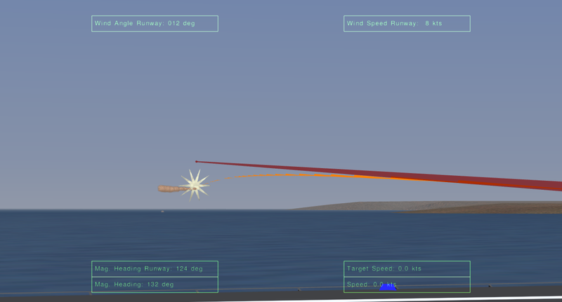 A Phalanx CIWS shooting at an extraterrestrial weather balloon. The orange tracer bullets are submodels. The red line is a scaled model representing the aiming orientation of the Phalanx.