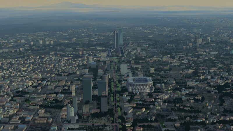 File:Madrid at dawn in FlightGear 2020.x with the 1st world-build of OSM2City.jpg